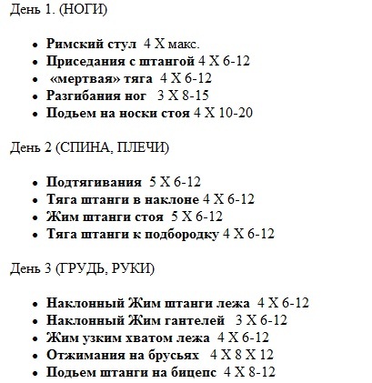 План тренировок в тренажерном зале для мужчин 3 раза в неделю для набора мышечной массы