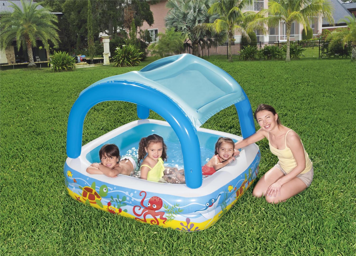 Обзор популярных моделей детских надувных бассейнов с навесом от солнца