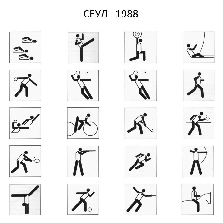 Сеул 1988 олимпиада пиктограммы. Пиктограммы Олимпийских игр. Знаки видов спорта. Пиктограммы Олимпийских видов спорта.